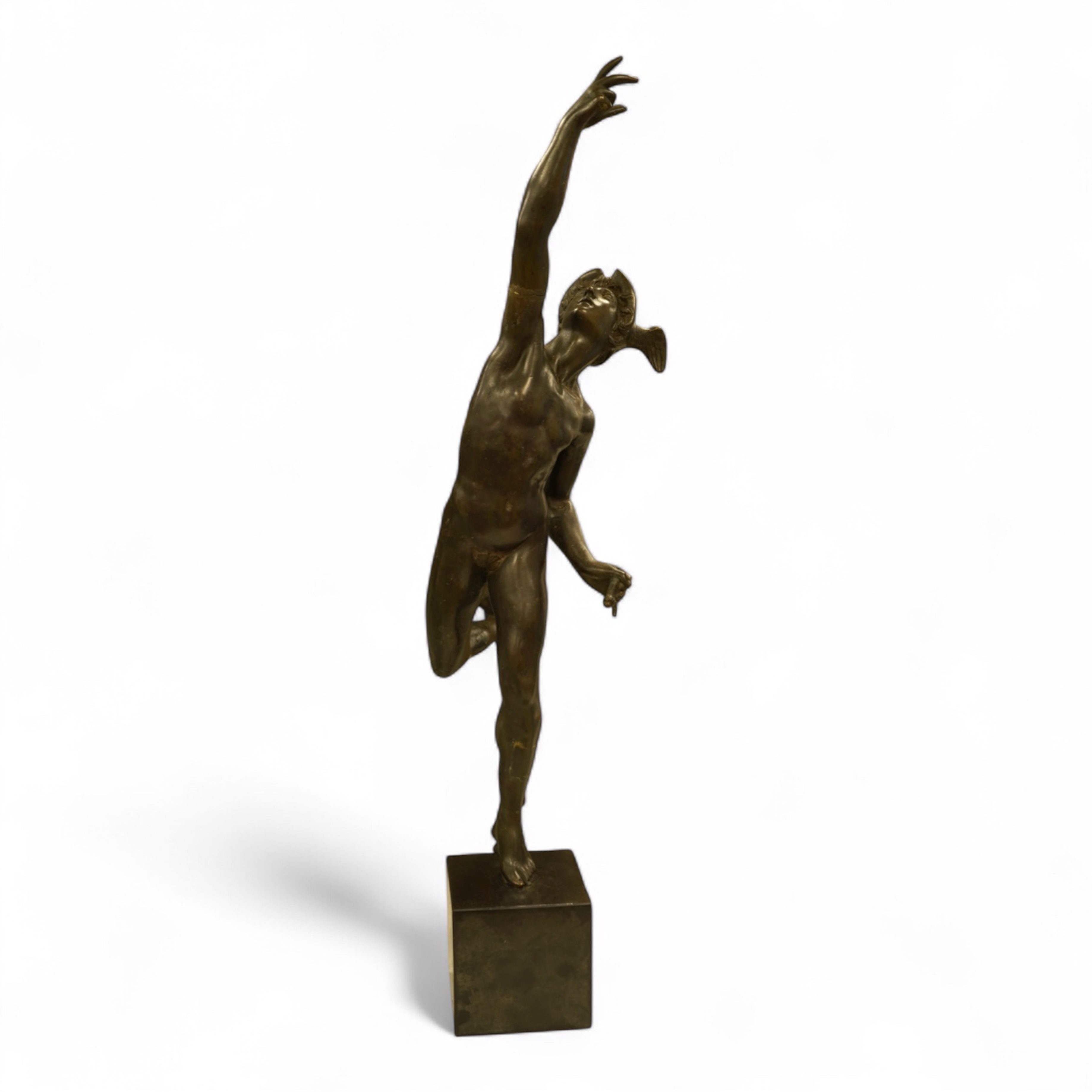 After the antique, a bronze study of Mercury raised on square base, 70cm high